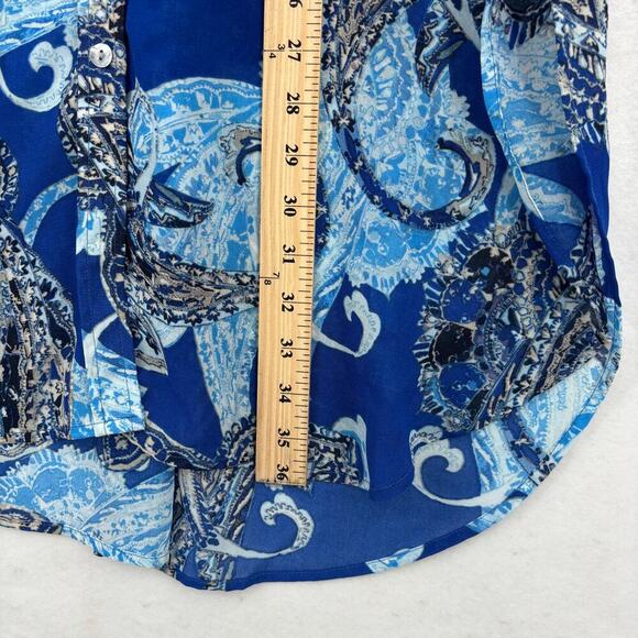 Chico's Duster Blouse Size L Blue White Paisley Button Up Semi Sheer Longline - Picture 11 of 12